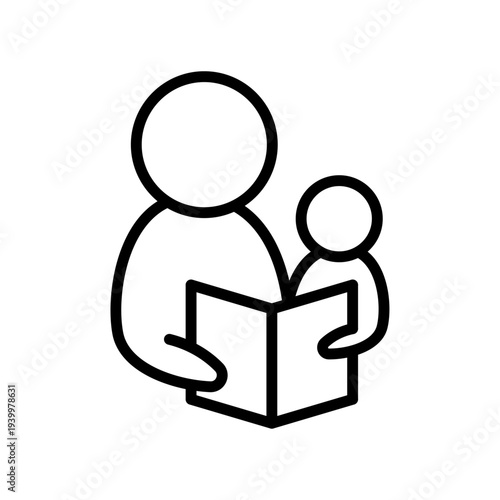 Minimalist line art vector icon of a parent reading a book to a child. Clean outline illustration for family bonding, literacy programs, and early childhood education concepts.