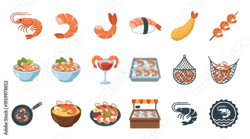 A vibrant collection of shrimp dishes and illustrations, showcasing various culinary preparations and artistic representations of this popular seafood.