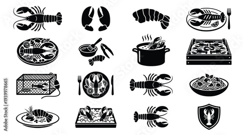 Collection of black and white icons representing various aspects of lobster, from whole crustaceans to prepared dishes and traps.