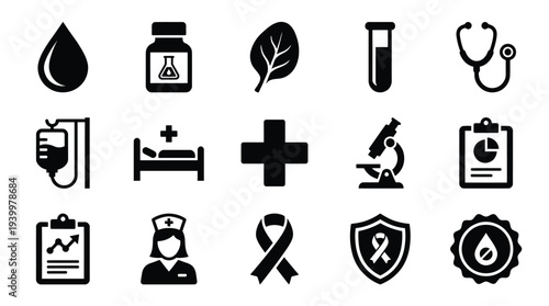 Collection of medical and healthcare icons representing various aspects of health, treatment, and research.