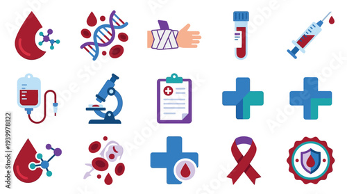A collection of medical and healthcare-related icons, including blood drops, DNA, a broken arm cast, a blood bag, a microscope, and a syringe.