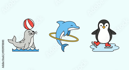 Seal balancing ball, dolphin with hoop, penguin ice skating