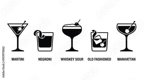 A collection of five classic cocktail illustrations, including Martini, Negroni, Whiskey Sour, Old Fashioned, and Manhattan, presented in a clean, minimalist black and white style.