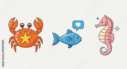 Orange crab, blue fish, and pink seahorse on light background