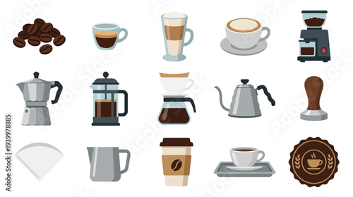 A comprehensive collection of coffee-related items, including beans, brewing equipment, and various coffee drinks, presented in a clean, flat illustration style.