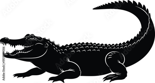 Black crocodile silhouette illustration isolated on white background representing wild reptile predator, dangerous animal, river wildlife, jungle nature concept design