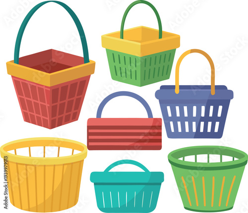 Colorful Shopping and Storage Baskets Vector Illustration Set on white background