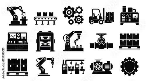 Collection of industrial automation and manufacturing icons, including robotic arms, conveyor belts, forklifts, and control panels, representing modern factory processes.