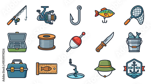 A collection of colorful cartoon-style icons representing various fishing equipment and accessories, arranged in a grid.