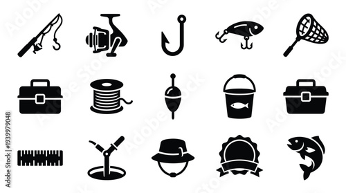 A collection of black and white vector icons representing various fishing equipment and accessories, including rods, reels, lures, nets, tackle boxes, and more.