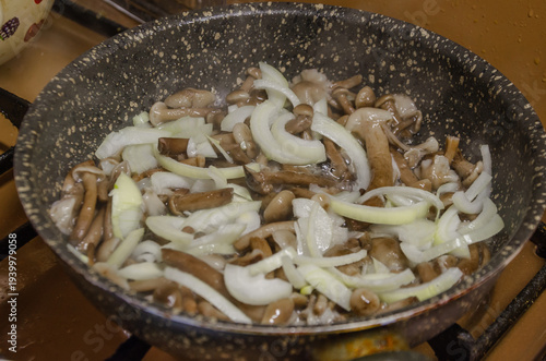 Honey mushrooms and onions fried in a pan.
