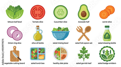 A colorful collection of fresh salad ingredients and related items, including vegetables, dressing, and preparation tools, presented in a grid layout.
