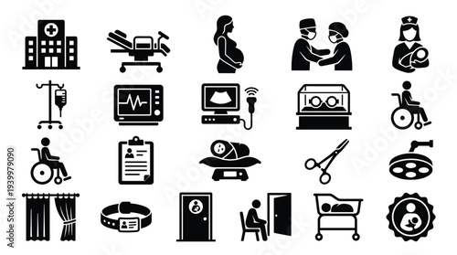 Collection of medical icons representing various aspects of healthcare, including hospitals, patient care, and medical equipment.