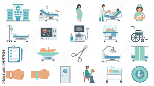 A comprehensive collection of medical icons representing various aspects of hospital care, childbirth, and neonatal services.