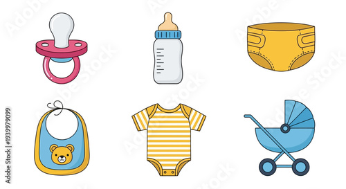 Baby items including pacifier, bottle, diaper, bib, outfit, and stroller