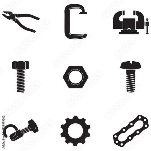 Black silhouette icons of various industrial tools and hardware