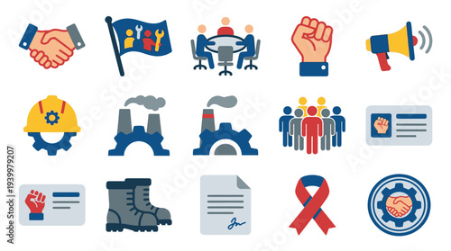 Collection of icons representing labor, industry, and workers' rights, including handshake, flag, meeting, fist, megaphone, hard hat, factories, people, ID cards, boots, document, and ribbon.