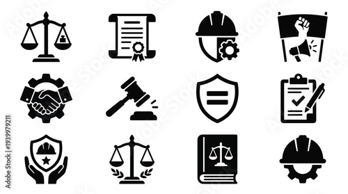 Collection of black and white icons representing law, justice, safety, and labor rights.