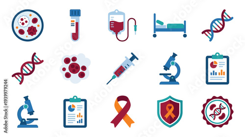 A collection of medical and scientific icons representing research, treatment, and health, including DNA, blood, microscopes, and cancer awareness symbols.