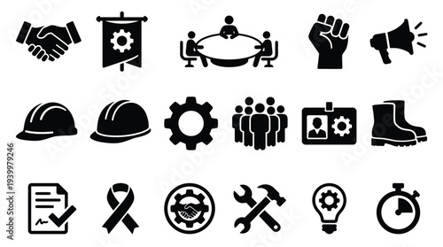 Collection of industrial and business-related icons representing teamwork, labor, safety, and progress.