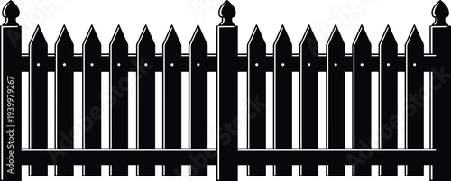 Black wooden picket fence silhouette illustration, classic garden boundary barrier vector design isolated on white background for landscaping and property protection concepts