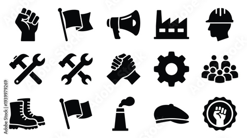 Collection of black and white icons representing labor, industry, and social movements, including fists, flags, tools, and factories.