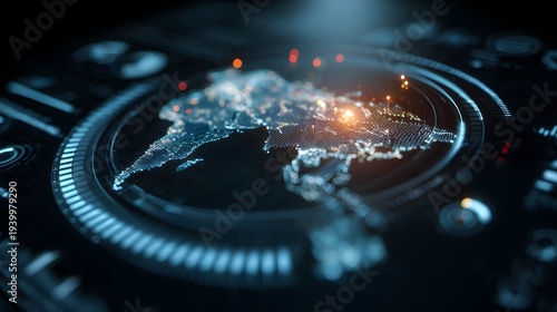 Strategic planning concept with illuminated global command interface backdrop