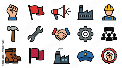 A collection of icons representing labor, industry, and workers' rights, including a clenched fist, flags, a factory, and tools.