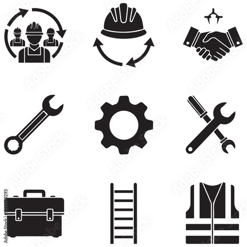 Industrial tools and teamwork icons for business and industry concepts