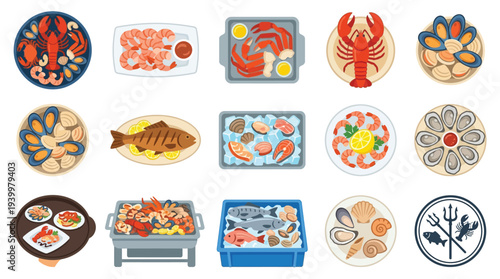 A vibrant collection of various seafood dishes and ingredients displayed in an organized grid, showcasing culinary diversity.