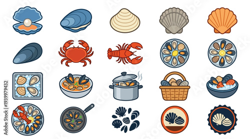 A vibrant collection of seafood illustrations, showcasing a variety of shellfish, crustaceans, and prepared dishes in a clean, graphic style.
