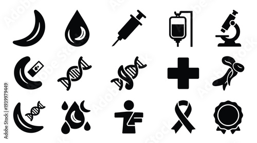 Collection of medical and scientific icons representing healthcare, research, and disease awareness.