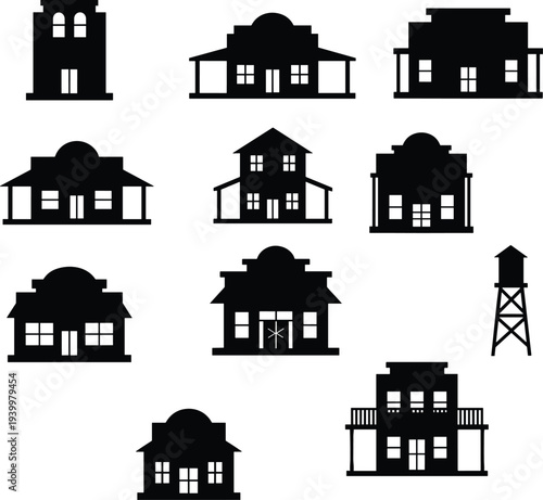 Black Wild West Building Silhouette Vector Set Featuring Isolated Frontier Town Storefronts Saloon House and Water Tower for Historical Western and Retro Graphic Design