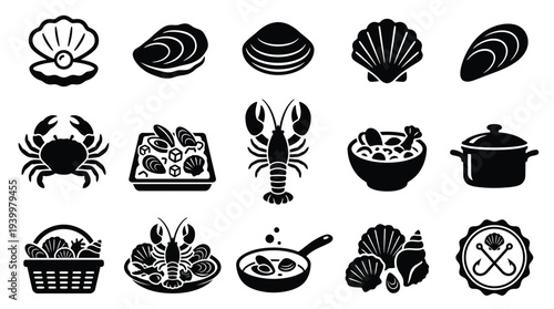 Collection of black and white icons representing various seafood dishes and ingredients, including shellfish, crustaceans, and cooking vessels.