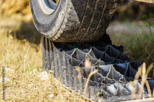 Camper leveling block in use. Detail view