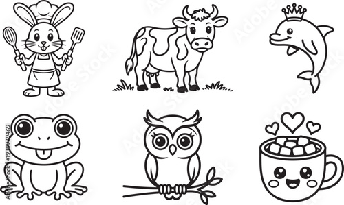 A set of cute cartoon animal illustrations and a chef rabbit with a cup of hot chocolate