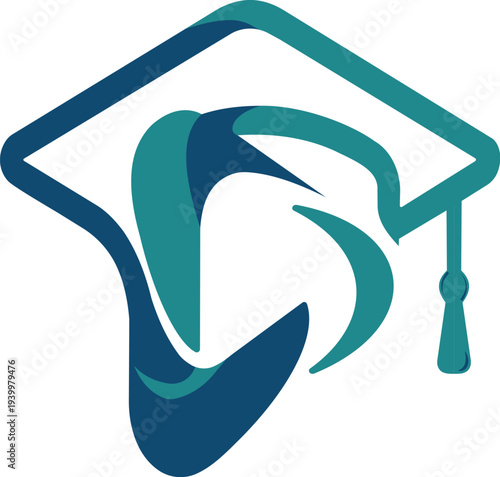 Abstract graduation cap with stylized swirling accents representing education and achievement in a modern, professional design