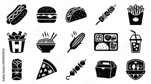 A collection of diverse fast food and street food icons, including burgers, tacos, pizza, and drinks.