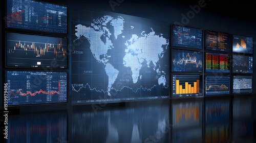Corporate war industry analysis concept with financial graphs and world economic monitoring screens
