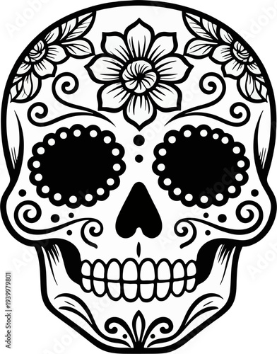 Black and White Sugar Skull Vector Illustration — Day of the Dead Calavera Floral Design for Tattoo, SVG Cut File, Coloring Page and T-Shirt Print