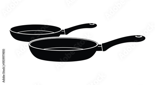 Two black frying pans displayed against a white background a minimalist kitchen scene silhouette high quality