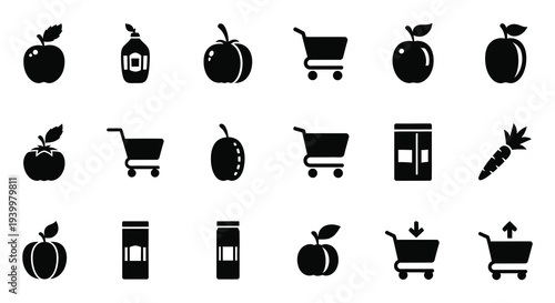 A collection of grocery items and produce represented in a stark black silhouette high quality professional