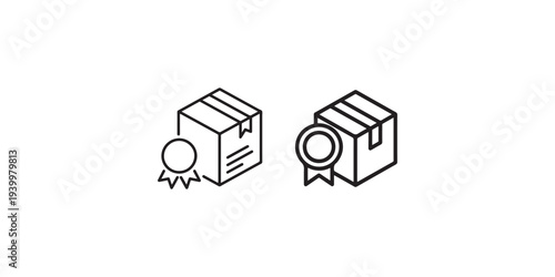 Two isometric outline icons of cardboard boxes with ribbon badges attached, representing product delivery shipping and award winning quality assurance certification stamps
