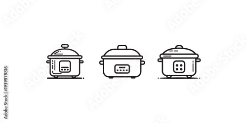 Rice cooker icon set in line style. kitchen appliances symbol. electric pressure cooker, food preparation, healthy cooking vector illustration