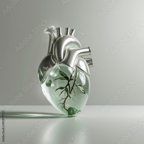Abstract heart with green plant and sleek silver finish