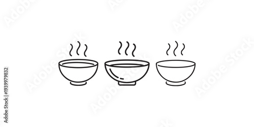 Three bowls of steaming soup or broth in simple line art illustration on white background, symbolizing warmth and comfort