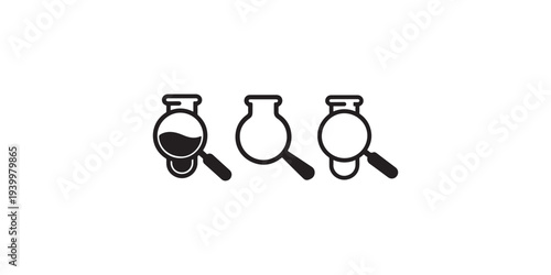 Three laboratory flasks with magnifying glass icons for research and analysis, science beaker and test tube, chemistry equipment