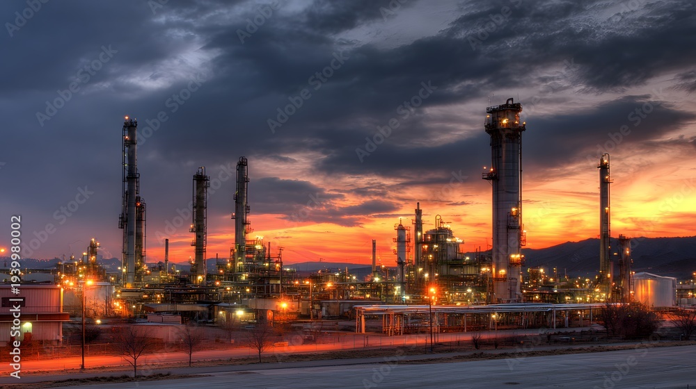 Fototapeta premium Industrial refinery complex with dramatic sunset lighting and HDR clarity