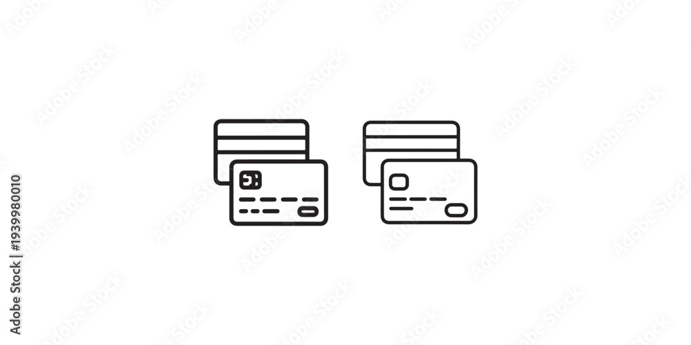 Obraz premium Set of credit card payment icons with multiple bank cards showing magnetic stripe and microchip details for financial transaction design elements simple