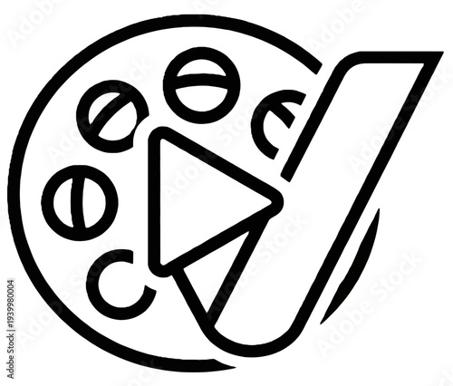 Vector graphic logo icon combining film reel, play button, and checkmark. Symbolizes quality video, approved media, and digital entertainment. Clean, scalable design for modern branding